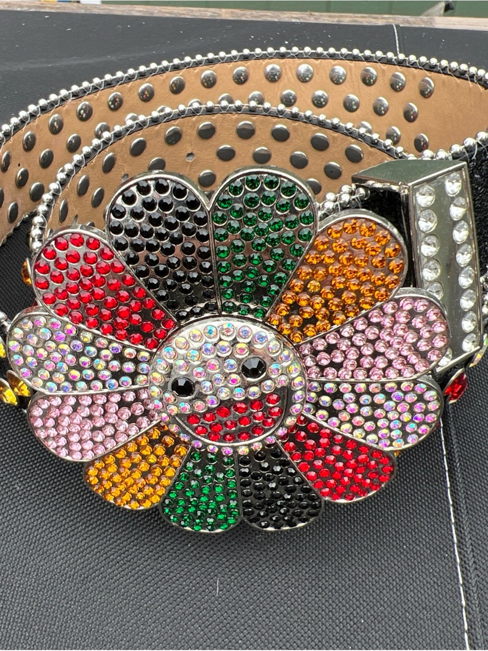 Y2K MURAKAMI FLOWER SILVER RHINESTONE GLITTER STUDDED BB BELT *1 Rhinestone Miss